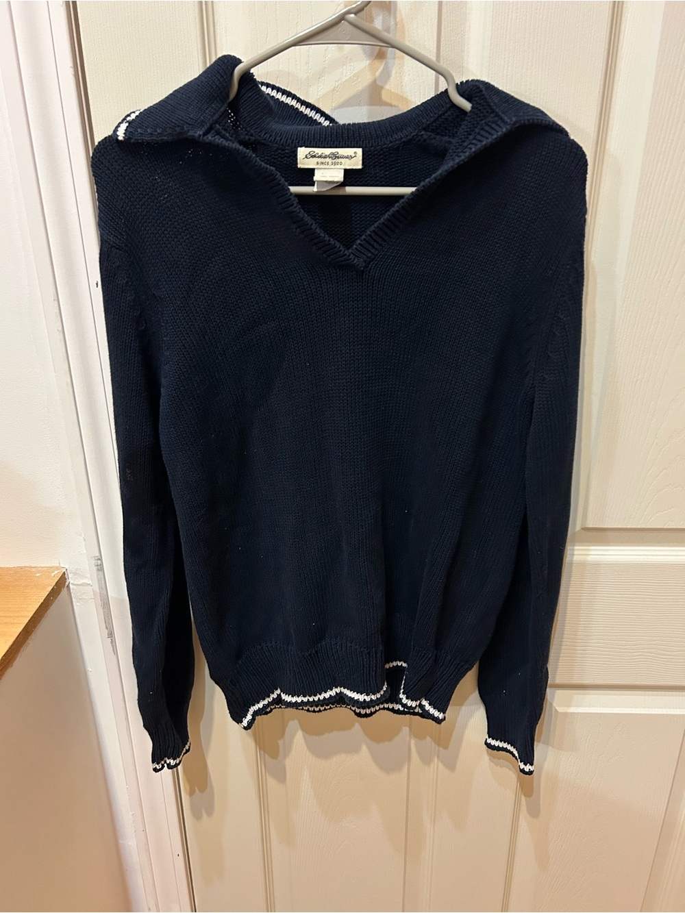 Eddie Bauer Navy V-Neck Sweater with White Trim
